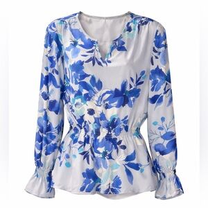✨ Blue & Teal Floral Blouse Size S – Counterparts Flowy Peplum Top ✨